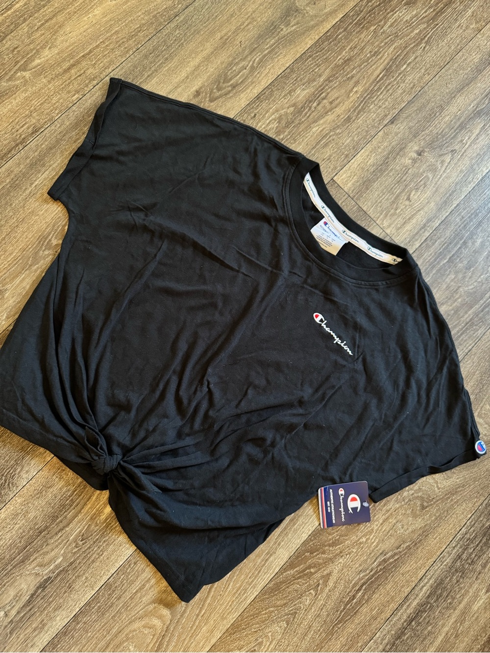 Champion Black Women's Short Sleeve Logo Tee with Front Knot